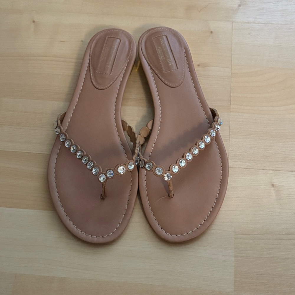 Aquazzura Tan Leather Crystal-Embellished Thong Sandals